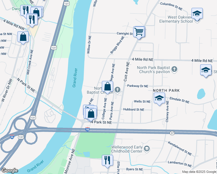 map of restaurants, bars, coffee shops, grocery stores, and more near 515 Elmdale Street Northeast in Grand Rapids