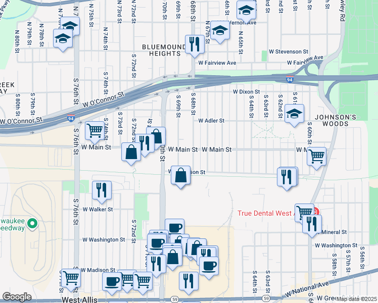 map of restaurants, bars, coffee shops, grocery stores, and more near 6805 West Main Street in Milwaukee