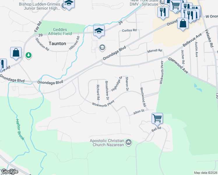 map of restaurants, bars, coffee shops, grocery stores, and more near 109 Broadview Drive in Syracuse