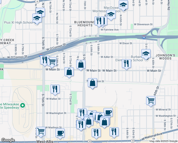 map of restaurants, bars, coffee shops, grocery stores, and more near 6909 West Main Street in Milwaukee
