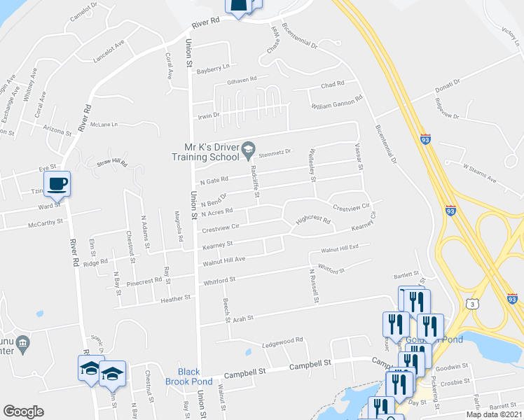 map of restaurants, bars, coffee shops, grocery stores, and more near 171 North Acres Road in Manchester