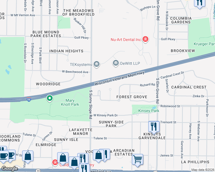 map of restaurants, bars, coffee shops, grocery stores, and more near 615 Forest Grove Court in Brookfield