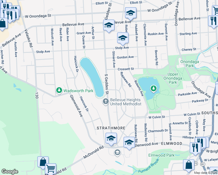 map of restaurants, bars, coffee shops, grocery stores, and more near 105 Twin Hills Drive in Syracuse