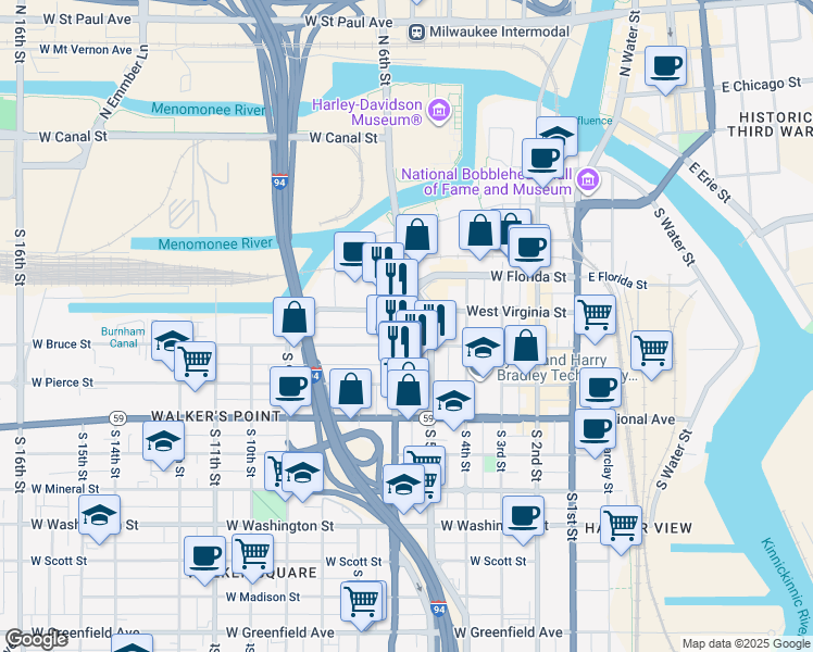map of restaurants, bars, coffee shops, grocery stores, and more near in Milwaukee