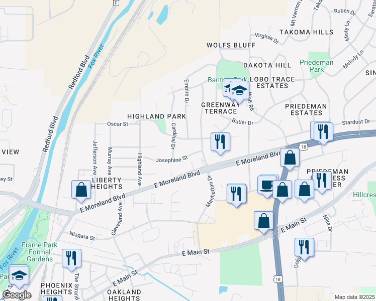 map of restaurants, bars, coffee shops, grocery stores, and more near 1426 Josephine Street in Waukesha