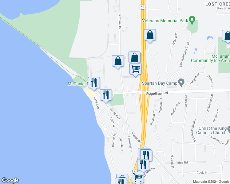 map of restaurants, bars, coffee shops, grocery stores, and more near 4604 Siggelkow Road in McFarland