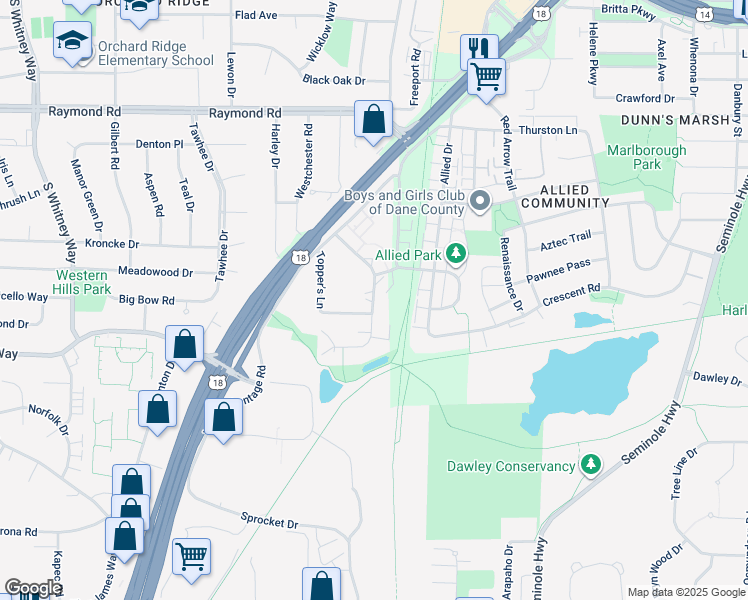 map of restaurants, bars, coffee shops, grocery stores, and more near 2350 Chalet Gardens Road in Fitchburg