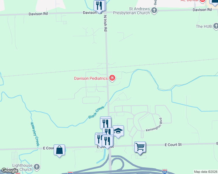 map of restaurants, bars, coffee shops, grocery stores, and more near 1247 North Irish Road in Davison