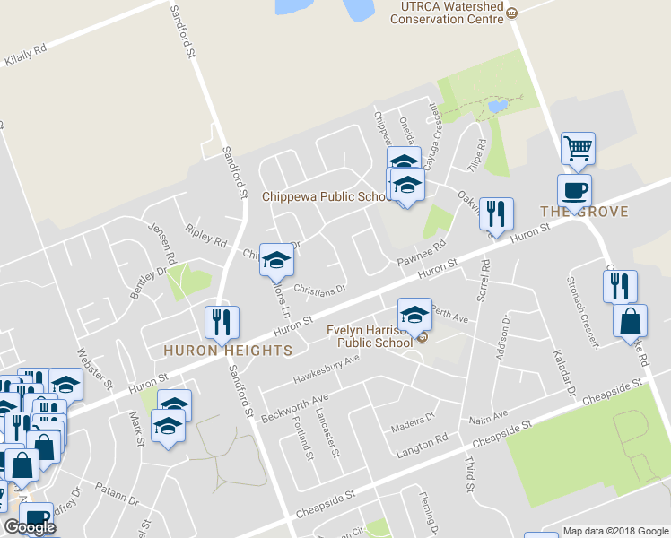 map of restaurants, bars, coffee shops, grocery stores, and more near 63 Christians Drive in London
