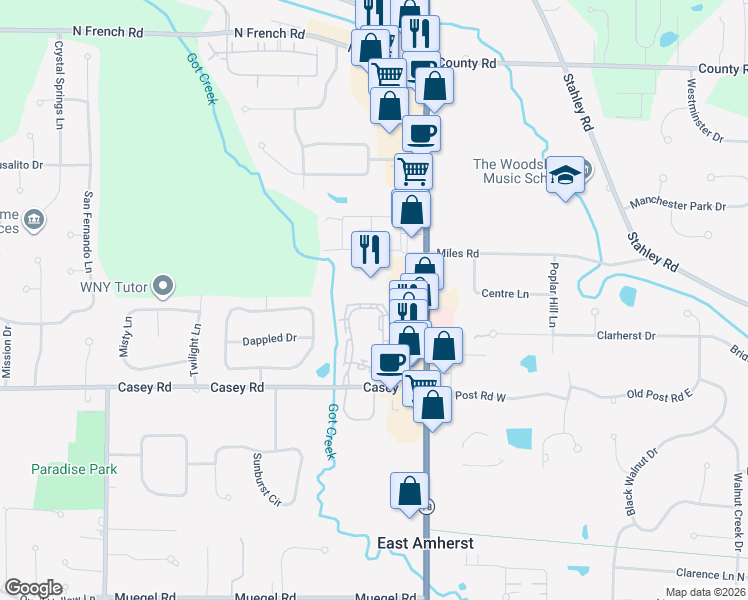 map of restaurants, bars, coffee shops, grocery stores, and more near 152 Breezewood Common in East Amherst