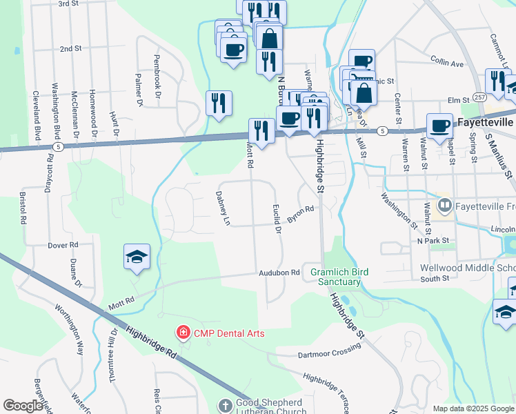 map of restaurants, bars, coffee shops, grocery stores, and more near 211 Mott Road in Fayetteville