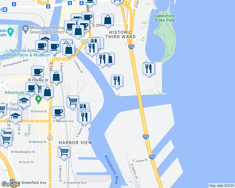 map of restaurants, bars, coffee shops, grocery stores, and more near 643 East Erie Street in Milwaukee