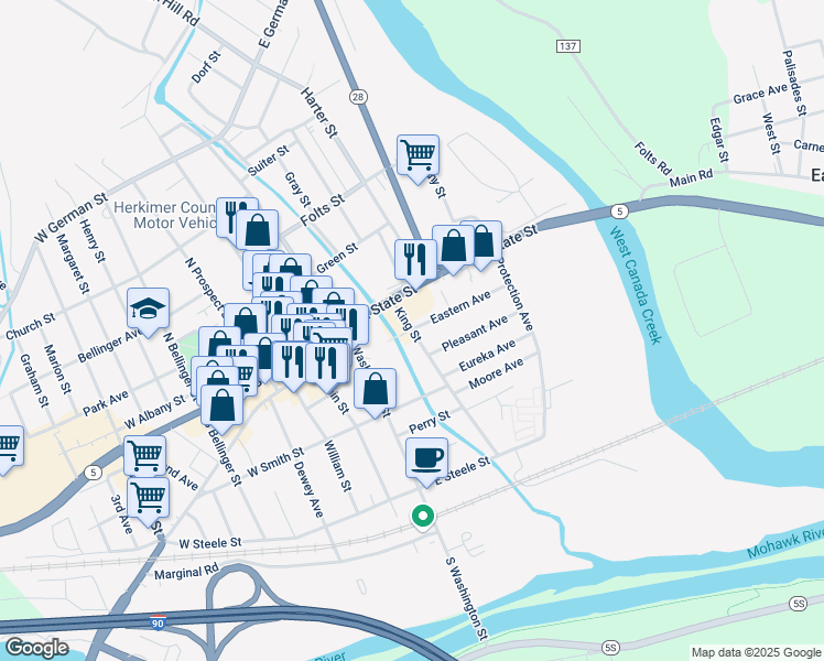 map of restaurants, bars, coffee shops, grocery stores, and more near King Street & Eastern Avenue in Herkimer