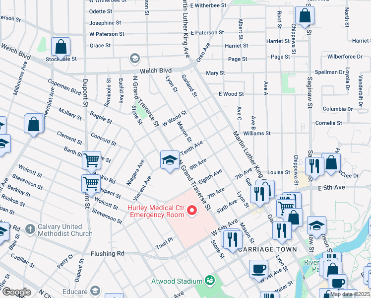 map of restaurants, bars, coffee shops, grocery stores, and more near 414 Tenth Avenue in Flint