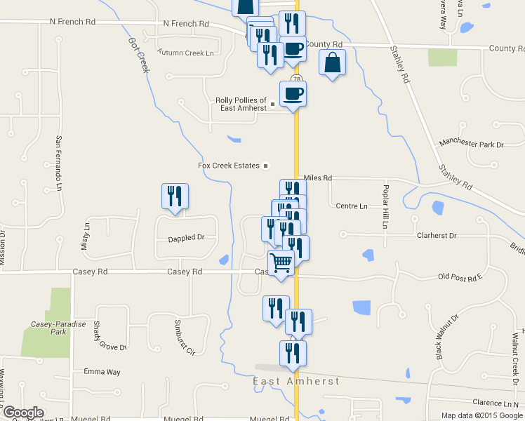 map of restaurants, bars, coffee shops, grocery stores, and more near 152 Breezewood Common in East Amherst
