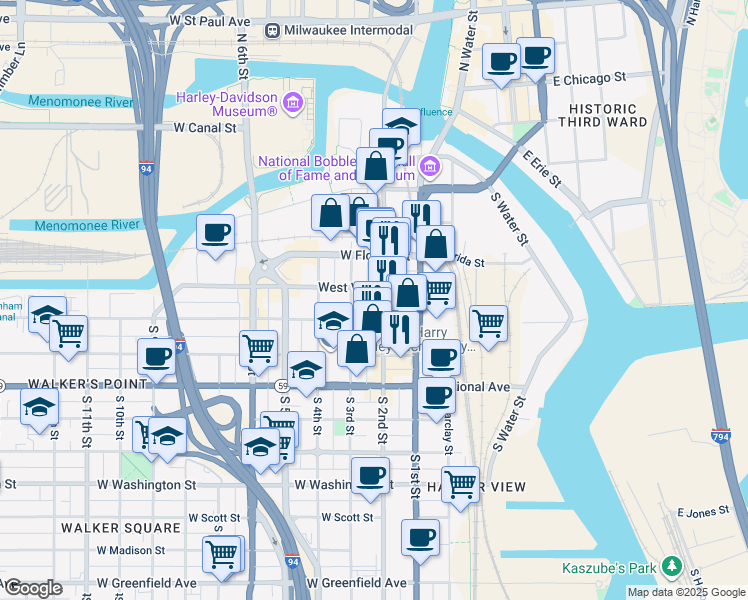 map of restaurants, bars, coffee shops, grocery stores, and more near 500 South 3rd Street in Milwaukee