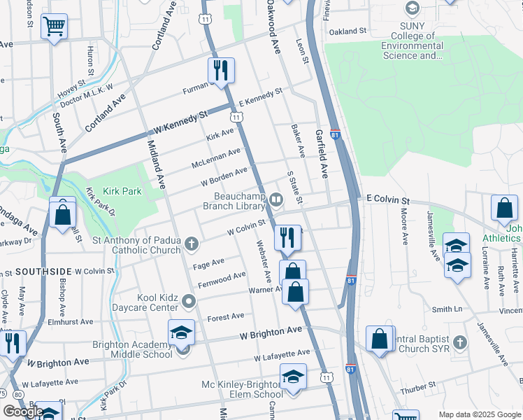 map of restaurants, bars, coffee shops, grocery stores, and more near 2102-04 South Salina Street in Syracuse