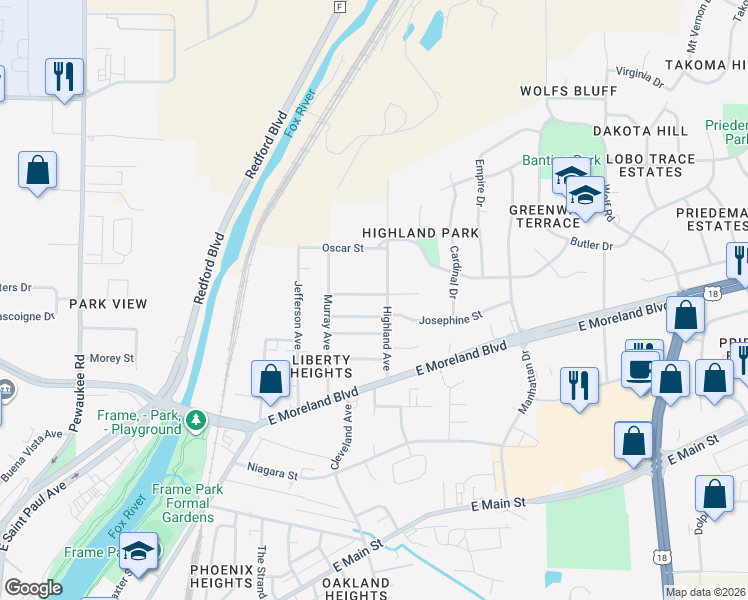map of restaurants, bars, coffee shops, grocery stores, and more near 1129 Gertrude Street in Waukesha