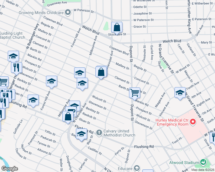 map of restaurants, bars, coffee shops, grocery stores, and more near 2014 Mackin Road in Flint