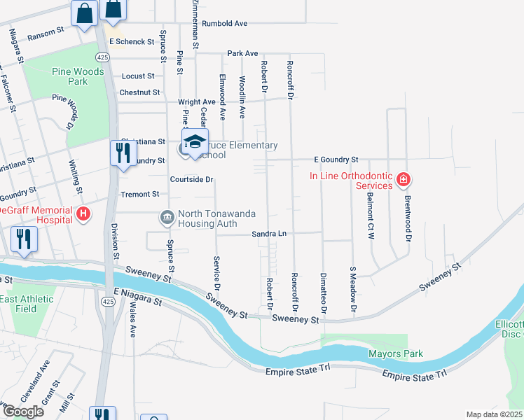 map of restaurants, bars, coffee shops, grocery stores, and more near 208 Robert Drive in North Tonawanda