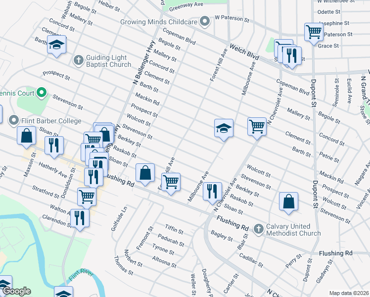map of restaurants, bars, coffee shops, grocery stores, and more near 2618 Stevenson Street in Flint