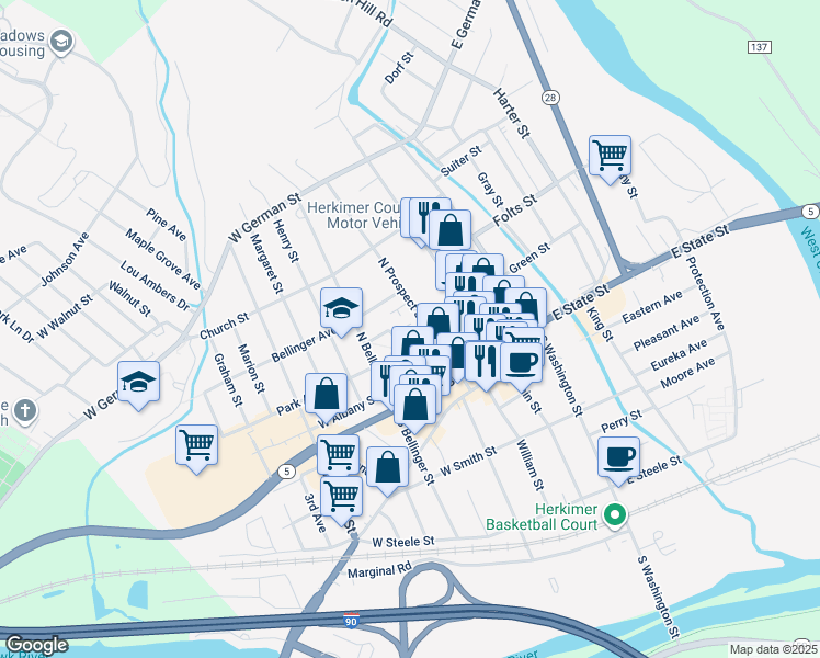 map of restaurants, bars, coffee shops, grocery stores, and more near 207 North Prospect Street in Herkimer