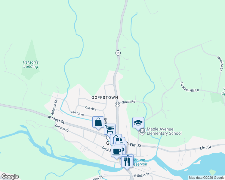 map of restaurants, bars, coffee shops, grocery stores, and more near 67 High Street in Goffstown