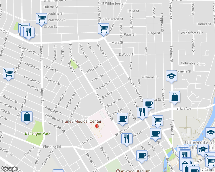 map of restaurants, bars, coffee shops, grocery stores, and more near 1226 Mason Street in Flint
