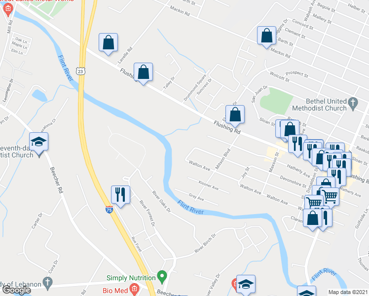 map of restaurants, bars, coffee shops, grocery stores, and more near 3329 Burnell Avenue in Flint