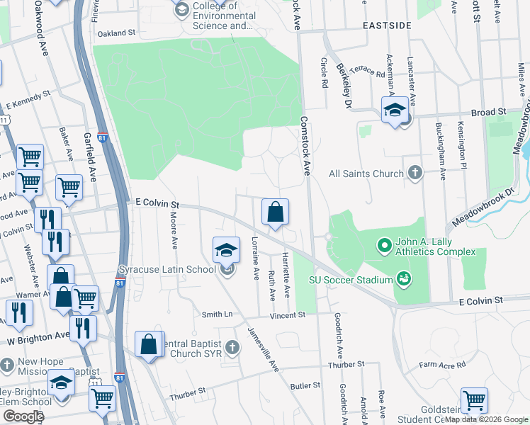 map of restaurants, bars, coffee shops, grocery stores, and more near 241-43 Robert Drive in Syracuse
