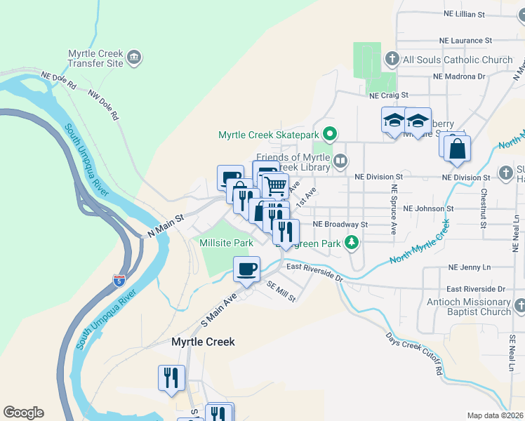 map of restaurants, bars, coffee shops, grocery stores, and more near 207 Northwest Oak Street in Myrtle Creek