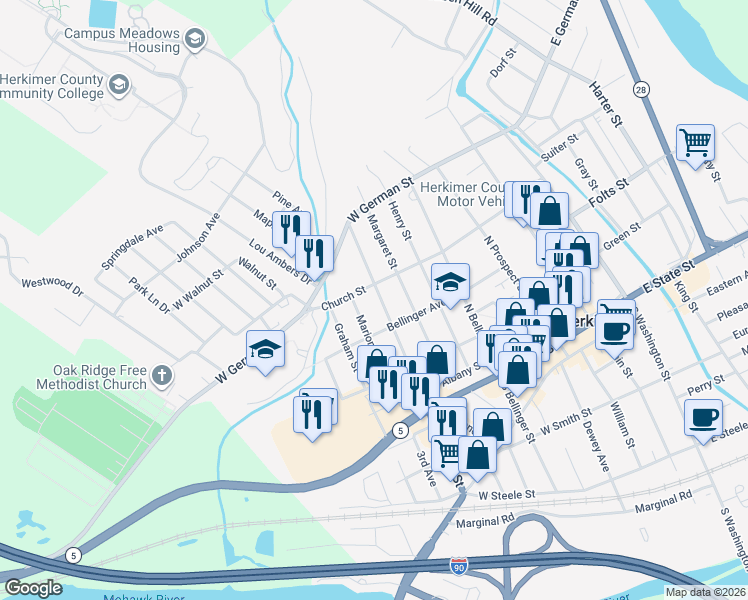 map of restaurants, bars, coffee shops, grocery stores, and more near 317 North Caroline Street in Herkimer
