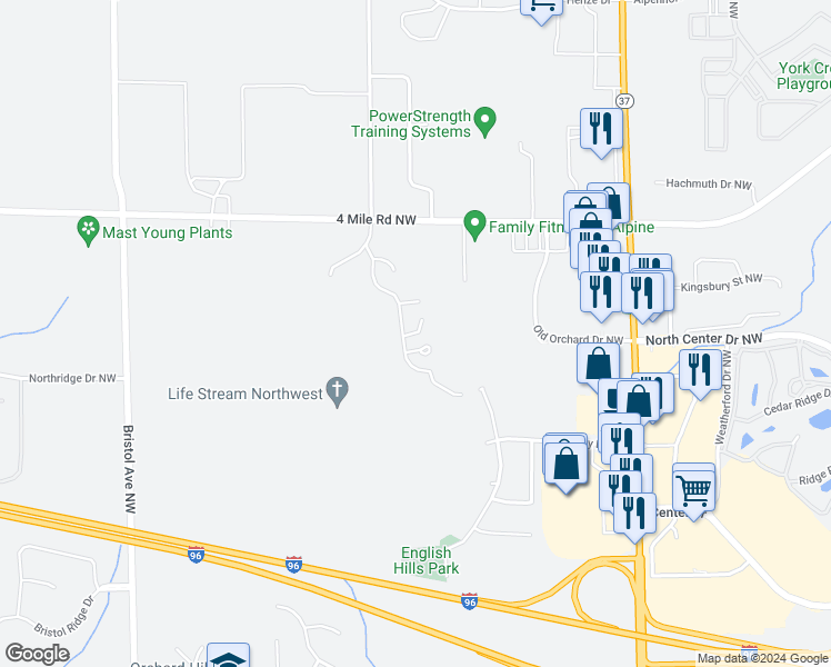 map of restaurants, bars, coffee shops, grocery stores, and more near 1141 High Point Drive Northwest in Walker