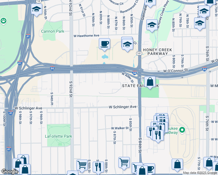 map of restaurants, bars, coffee shops, grocery stores, and more near 500 South 88th Street in Milwaukee