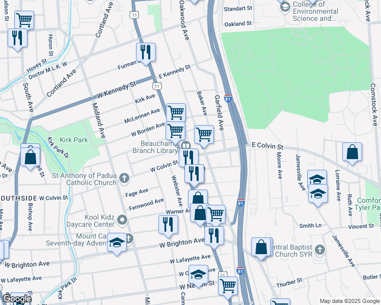 map of restaurants, bars, coffee shops, grocery stores, and more near 117 East Colvin Street in Syracuse