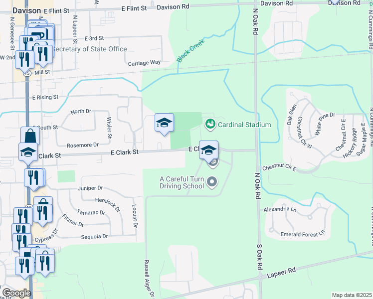 map of restaurants, bars, coffee shops, grocery stores, and more near 617 East Clark Street in Davison