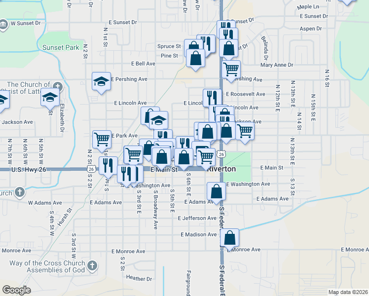 map of restaurants, bars, coffee shops, grocery stores, and more near 514 East Fremont Avenue in Riverton