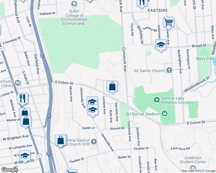 map of restaurants, bars, coffee shops, grocery stores, and more near 241-43 Robert Drive in Syracuse
