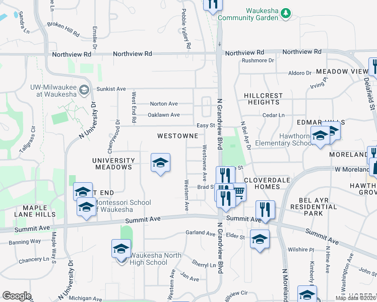 map of restaurants, bars, coffee shops, grocery stores, and more near 1925 Buffalo Street in Waukesha