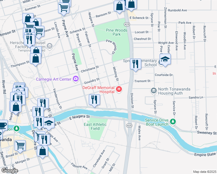 map of restaurants, bars, coffee shops, grocery stores, and more near 94 Niagara Street in North Tonawanda