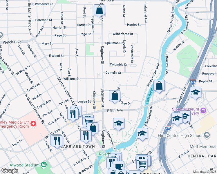 map of restaurants, bars, coffee shops, grocery stores, and more near 1040 Saginaw Street in Flint