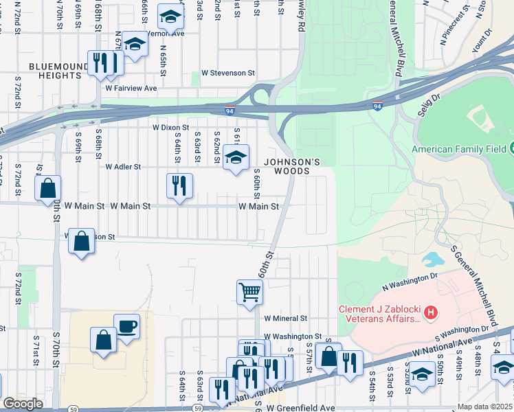 map of restaurants, bars, coffee shops, grocery stores, and more near S 60th St & W Main St in Milwaukee