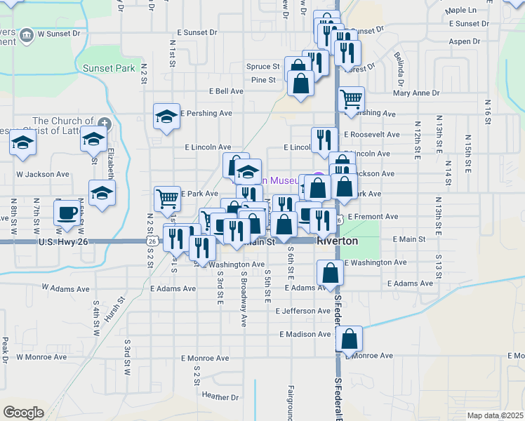 map of restaurants, bars, coffee shops, grocery stores, and more near 422 East Fremont Avenue in Riverton