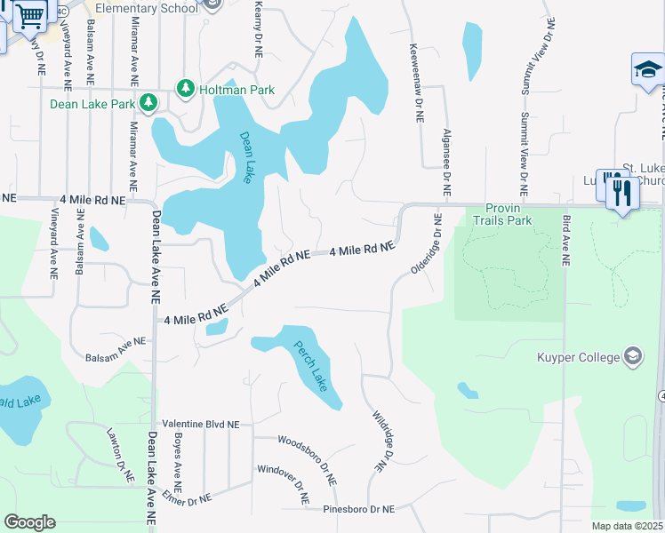 map of restaurants, bars, coffee shops, grocery stores, and more near 2550 4 Mile Road Northeast in Grand Rapids