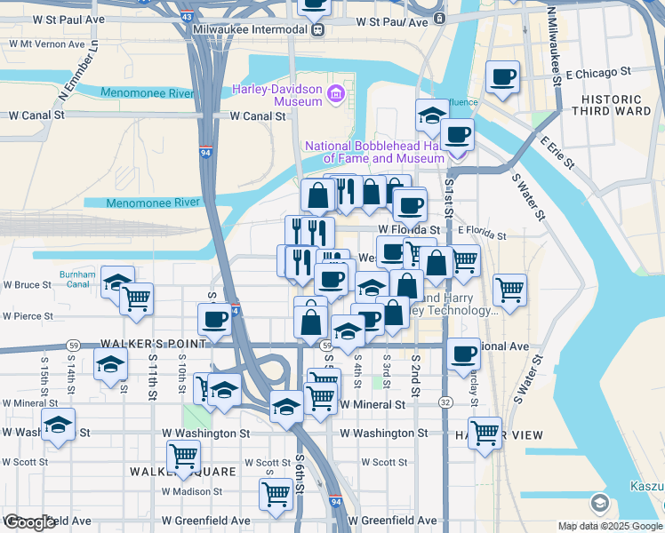 map of restaurants, bars, coffee shops, grocery stores, and more near 516 South 5th Street in Milwaukee
