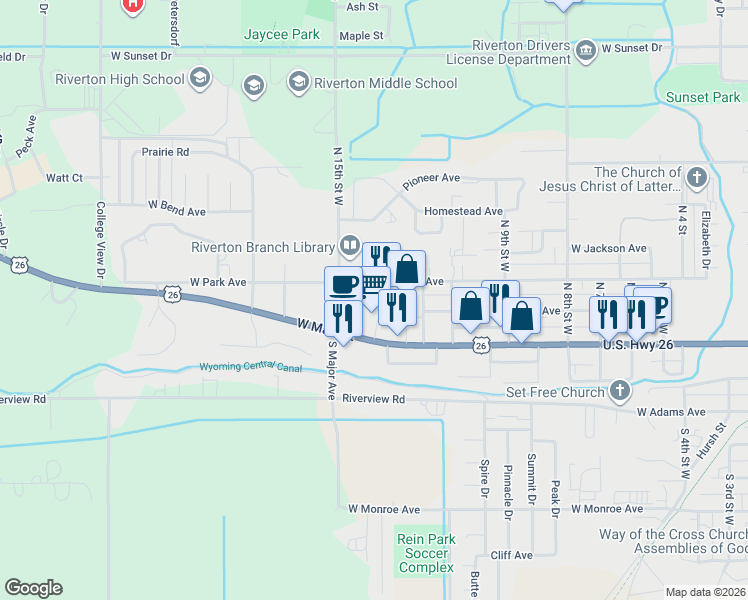 map of restaurants, bars, coffee shops, grocery stores, and more near 1184 West Main Street in Riverton