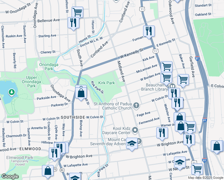map of restaurants, bars, coffee shops, grocery stores, and more near 300 West Borden Avenue in Syracuse