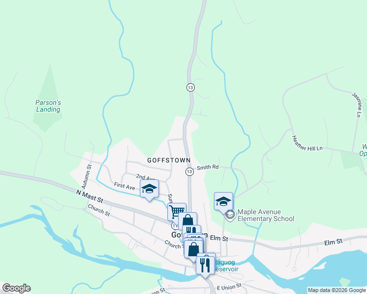 map of restaurants, bars, coffee shops, grocery stores, and more near 67 High Street in Goffstown