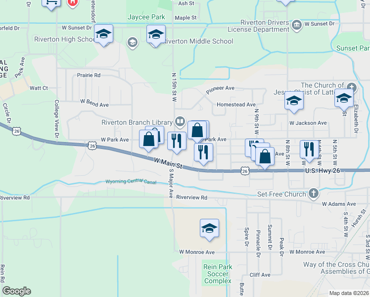 map of restaurants, bars, coffee shops, grocery stores, and more near 202 Parkcrest Way in Riverton