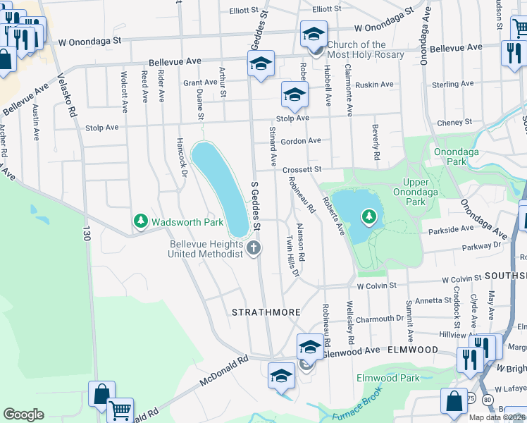 map of restaurants, bars, coffee shops, grocery stores, and more near 105 Twin Hills Drive in Syracuse